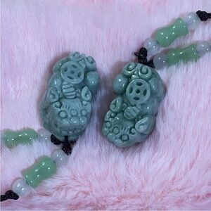 2pcs Set GRADE A Certified Green Jade Baby Dragon Pixiu Ruyi Coin Amulet Necklac
